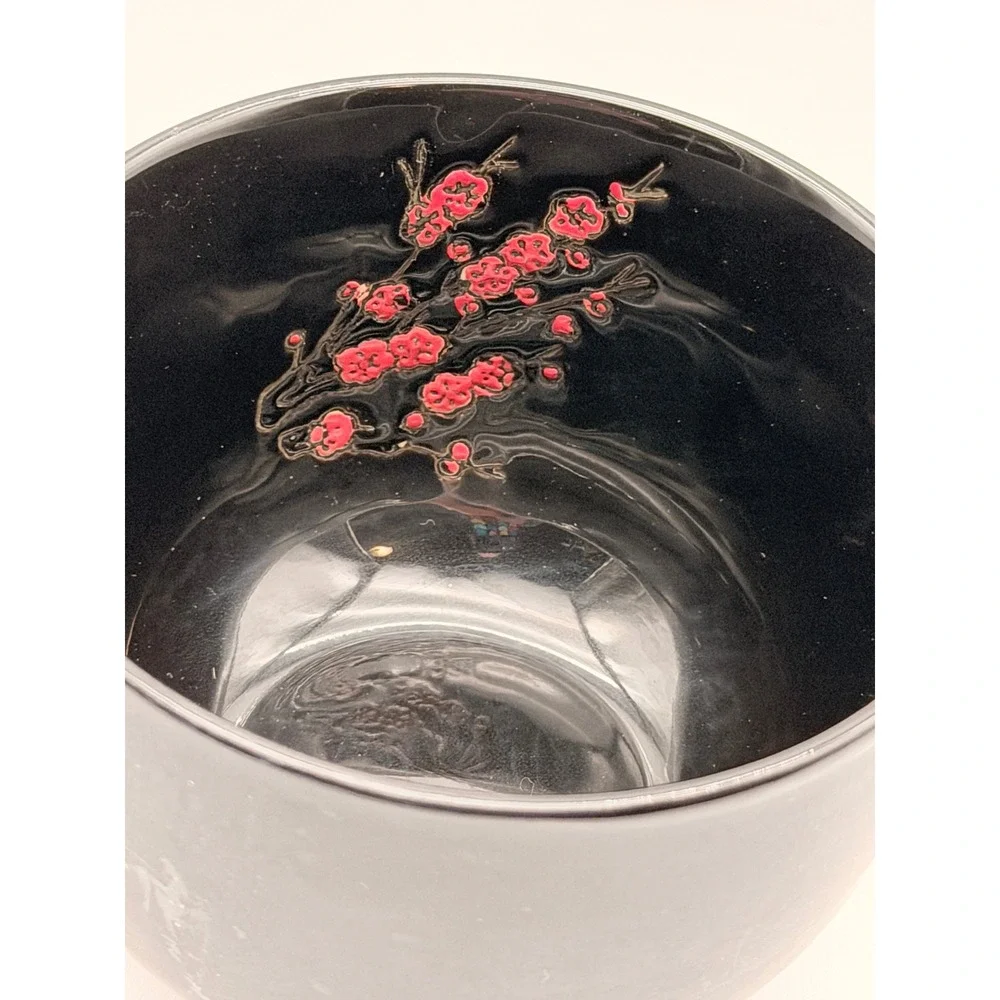 Visun China Black Ceramic Bowl Red Cherry Blossom Sakura Asian Style 4.5 inch